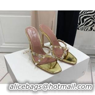 Big Discount Amina Muaddi Lily Lambskin High Heel Sandals 9.5cm with Crystals and Bloom Gold 071034