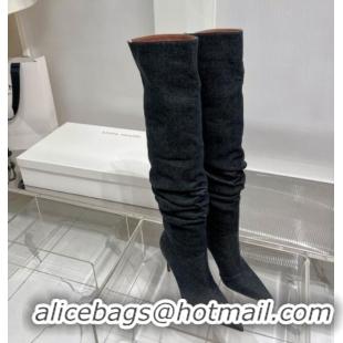 Unique Style Amina Muaddi Jahleel Thigh High Boot 95MM ST Heel Black Denim 238305