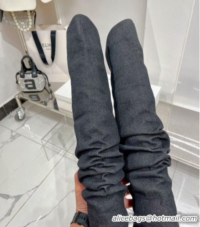 Unique Style Amina Muaddi Jahleel Thigh High Boot 95MM ST Heel Black Denim 238305