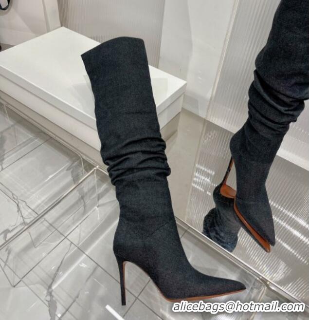 Unique Style Amina Muaddi Jahleel Thigh High Boot 95MM ST Heel Black Denim 238305