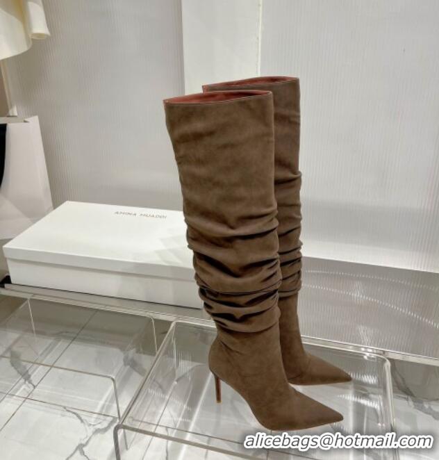 Popular Style Amina Muaddi Jahleel Thigh High Boot 95MM ST Heel Brown 238304