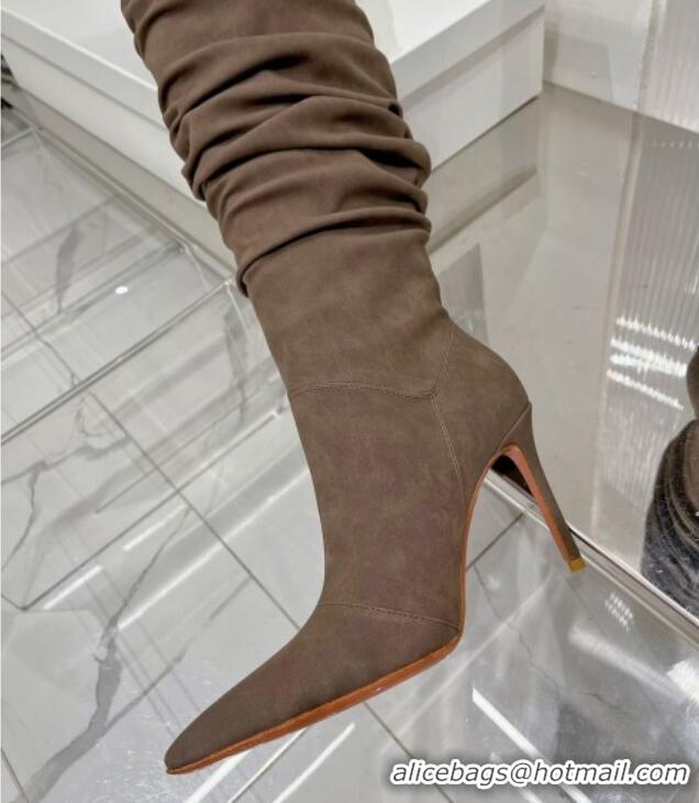 Popular Style Amina Muaddi Jahleel Thigh High Boot 95MM ST Heel Brown 238304