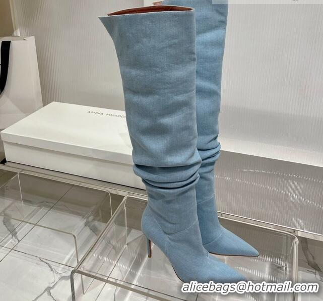 Top Design Amina Muaddi Jahleel Thigh High Boot 95MM ST Heel Light Blue Denim 238303