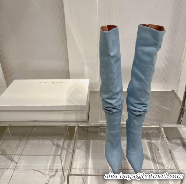 Top Design Amina Muaddi Jahleel Thigh High Boot 95MM ST Heel Light Blue Denim 238303