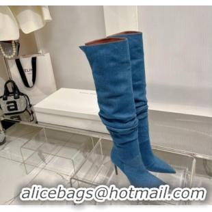 Hot Style Amina Muaddi Jahleel Thigh High Boot 95MM ST Heel Blue Denim 238302