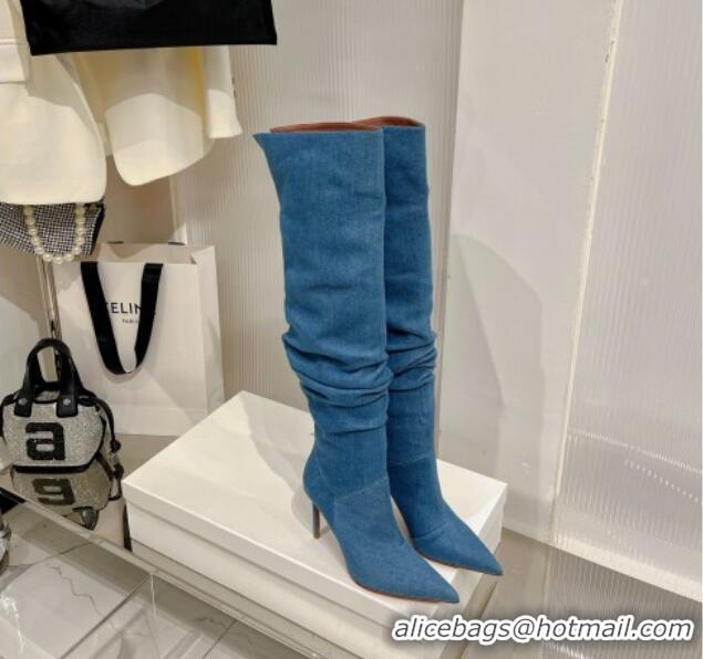 Hot Style Amina Muaddi Jahleel Thigh High Boot 95MM ST Heel Blue Denim 238302