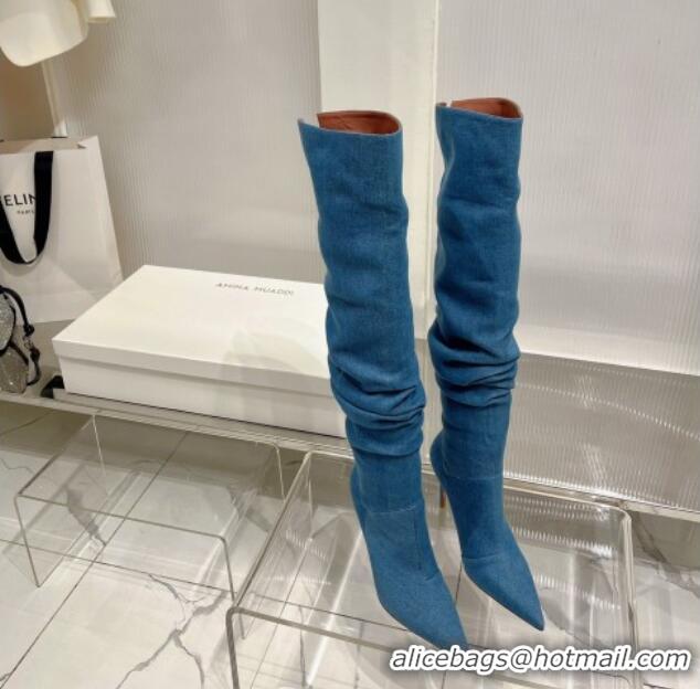 Hot Style Amina Muaddi Jahleel Thigh High Boot 95MM ST Heel Blue Denim 238302