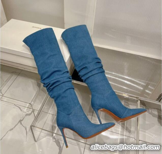 Hot Style Amina Muaddi Jahleel Thigh High Boot 95MM ST Heel Blue Denim 238302