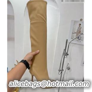 Luxury Amina Muaddi Begum Lycra Over-Knee High Heel Boots 9.5cm with Crystal Buckle Beige 804075