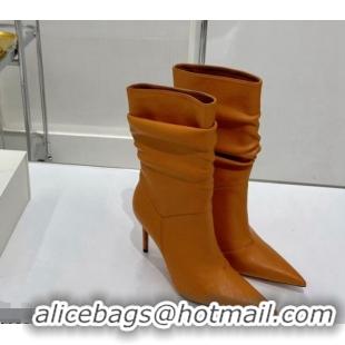 Stylish Amina Muaddi Jahleel Short Boots 9.5cm in Nappa Leather Light Brown 804079