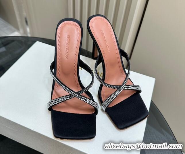 Discount Amina Muaddi Adriana Crystal Slide Sandals 10.5cm in Satin Black 091163