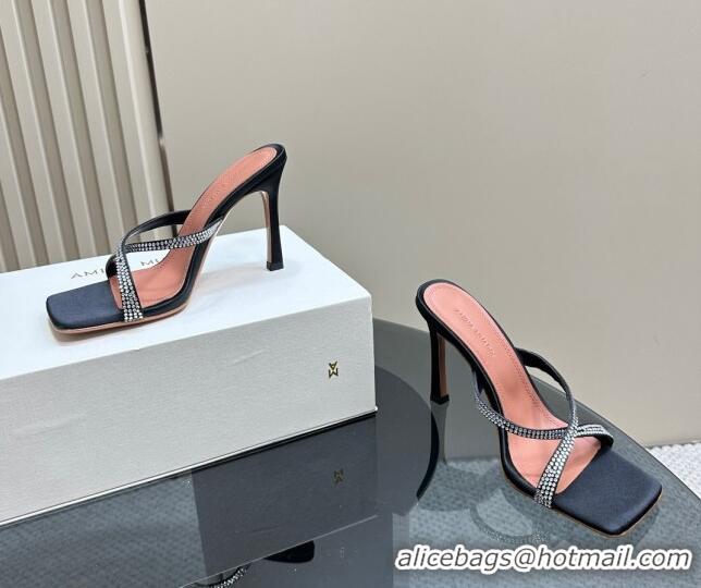 Discount Amina Muaddi Adriana Crystal Slide Sandals 10.5cm in Satin Black 091163