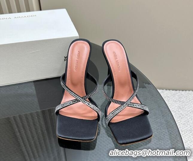 Discount Amina Muaddi Adriana Crystal Slide Sandals 10.5cm in Satin Black 091163