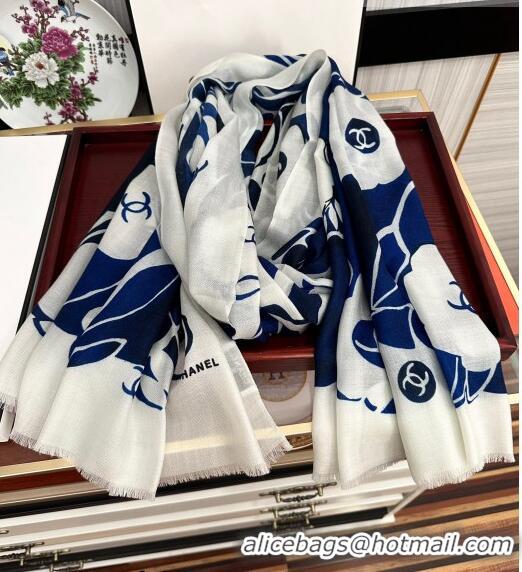 Unique Grade Chanel Cashmere Camellia Long Scarf 100x200cm CH09131 Blue 2023