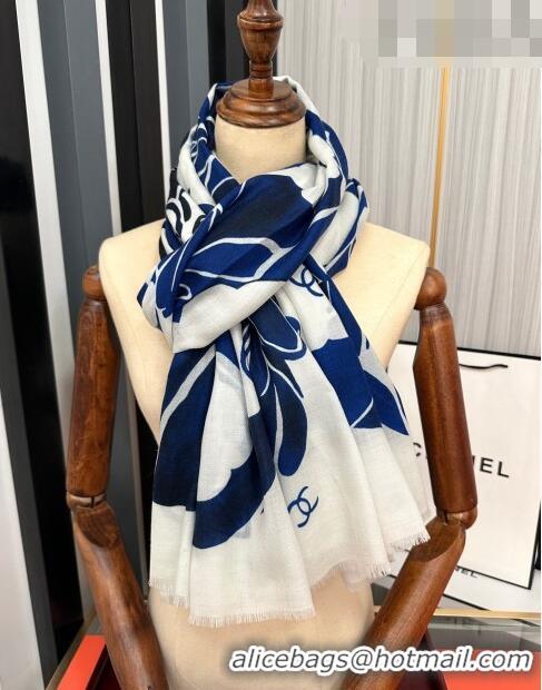 Unique Grade Chanel Cashmere Camellia Long Scarf 100x200cm CH09131 Blue 2023