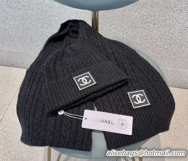 Unique Grade Chanel Knit Hat and Scarf Set 0919 Black 2023