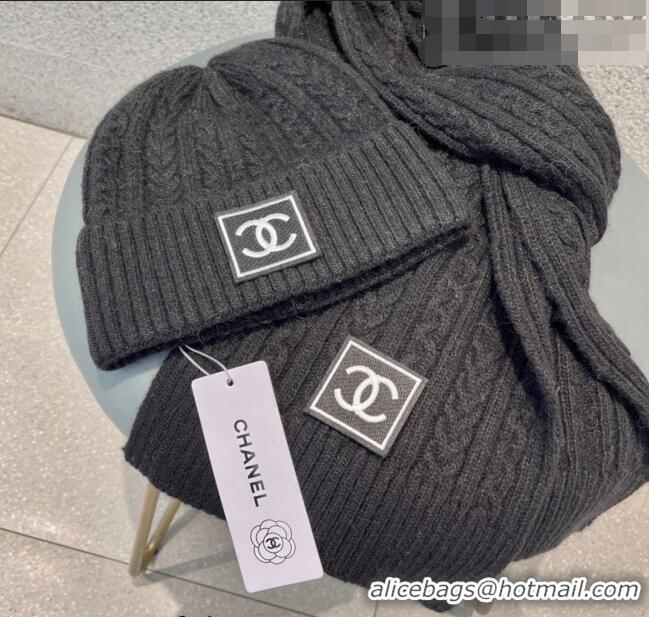 Unique Grade Chanel Knit Hat and Scarf Set 0919 Black 2023