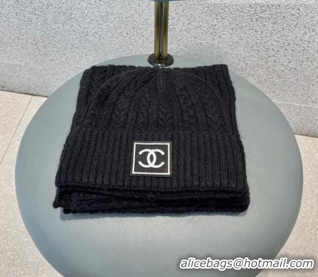 Unique Grade Chanel Knit Hat and Scarf Set 0919 Black 2023