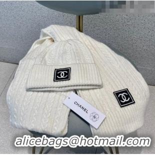 Well Crafted Chanel Knit Hat and Scarf Set 0919 White 2023