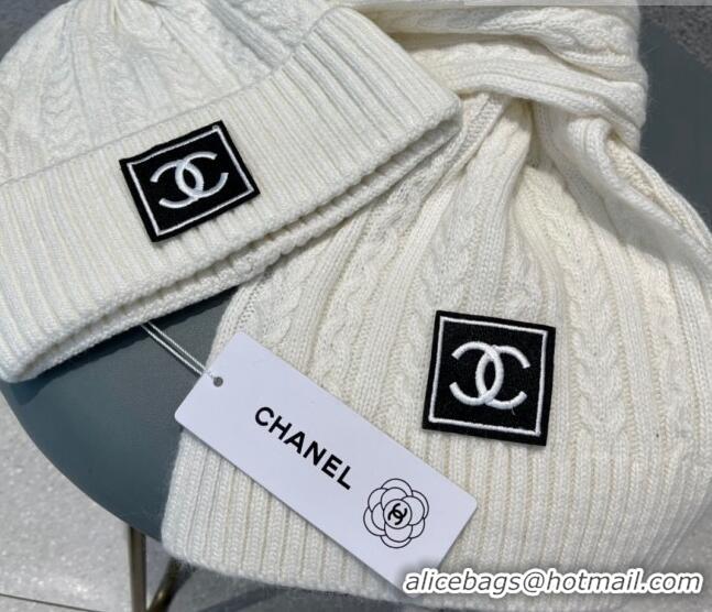 Well Crafted Chanel Knit Hat and Scarf Set 0919 White 2023