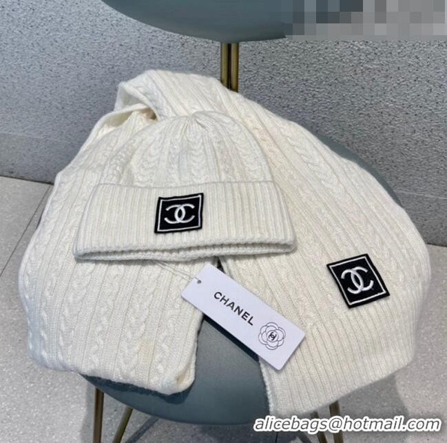 Well Crafted Chanel Knit Hat and Scarf Set 0919 White 2023