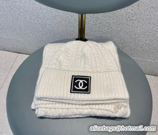 Well Crafted Chanel Knit Hat and Scarf Set 0919 White 2023