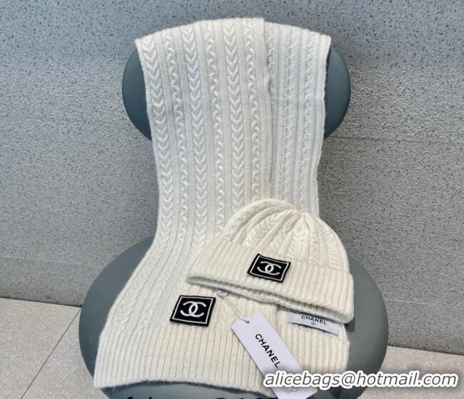 Well Crafted Chanel Knit Hat and Scarf Set 0919 White 2023