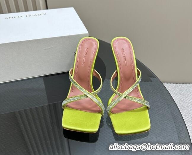 Fashion Luxury Amina Muaddi Adriana Crystal Slide Sandals 10.5cm in Satin Yellow 091166