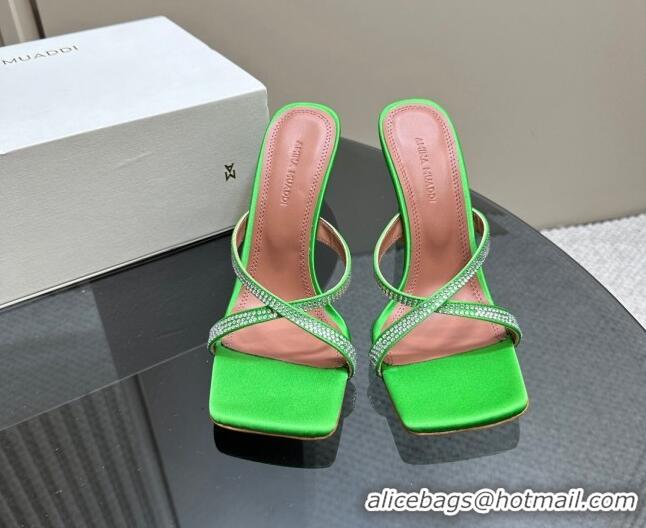 Fashion Amina Muaddi Adriana Crystal Slide Sandals 10.5cm in Satin Green 091167