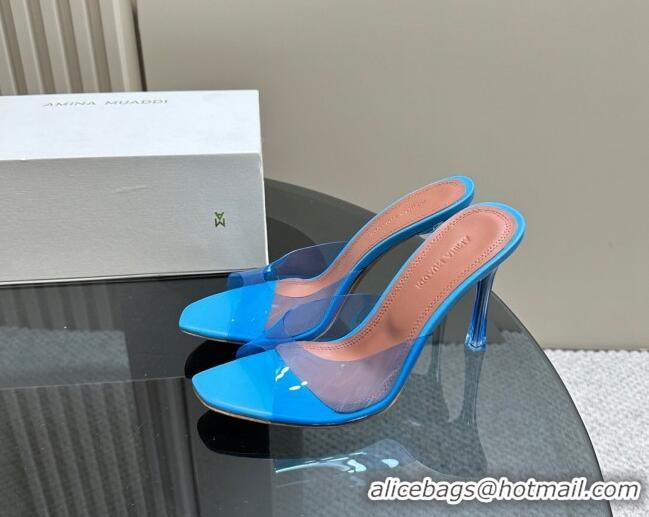 Stylish Amina Muaddi Alexa Glass Slide Sandals 10.5cm in PVC Blue 091168