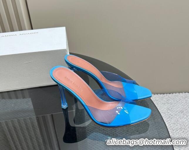 Stylish Amina Muaddi Alexa Glass Slide Sandals 10.5cm in PVC Blue 091168