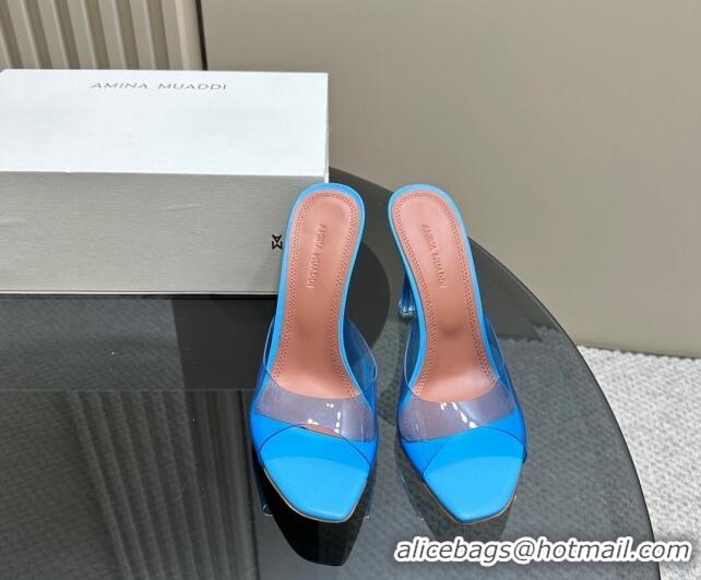 Stylish Amina Muaddi Alexa Glass Slide Sandals 10.5cm in PVC Blue 091168