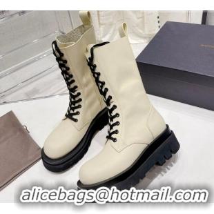 Good Quality Bottega Veneta Lug Lace-up Calfskin Short Boots Cream White 113061