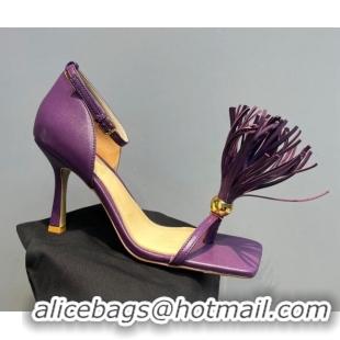 Most Popular Bottega Veneta Stretch Strap Lambskin Sandal 9cm with Tassel Charm Purple 3020710