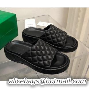 Super Bottega Veneta Padded Quilted Leather Flat Slide Sandals Black 020715