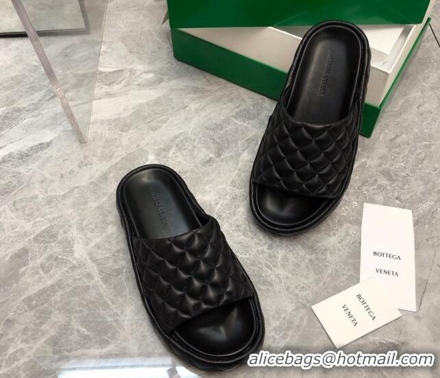 Super Bottega Veneta Padded Quilted Leather Flat Slide Sandals Black 020715