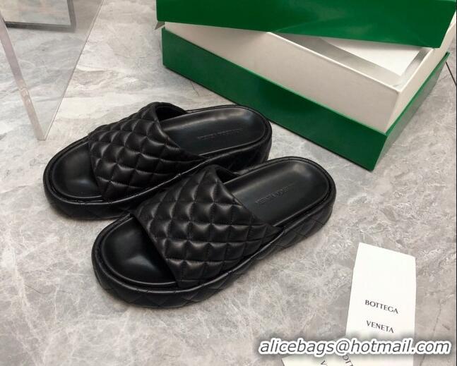 Super Bottega Veneta Padded Quilted Leather Flat Slide Sandals Black 020715