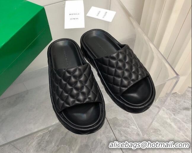 Super Bottega Veneta Padded Quilted Leather Flat Slide Sandals Black 020715