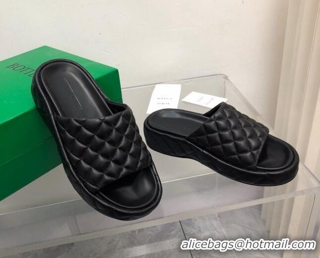 Super Bottega Veneta Padded Quilted Leather Flat Slide Sandals Black 020715