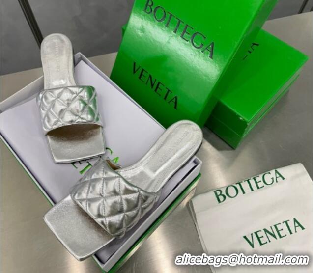 Buy Fashionable Bottega Veneta Padded Quilted Metallic Leather Flat Slide Sandals Silver 020720