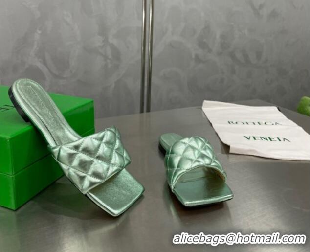 Hot Style Bottega Veneta Padded Quilted Metallic Leather Flat Slide Sandals Pale Green 020722