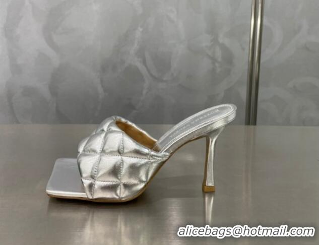 Big Discount Bottega Veneta Padded Quilted Metallic Leather High Heel Slide Sandals 9cm Silver 020724