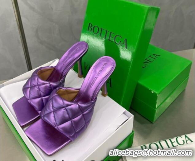 Buy Discount Bottega Veneta Padded Quilted Metallic Leather High Heel Slide Sandals 9cm Purple 020725