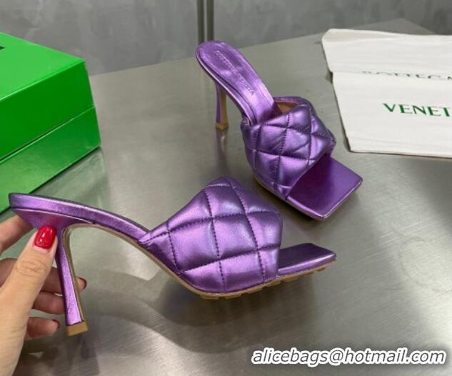 Buy Discount Bottega Veneta Padded Quilted Metallic Leather High Heel Slide Sandals 9cm Purple 020725