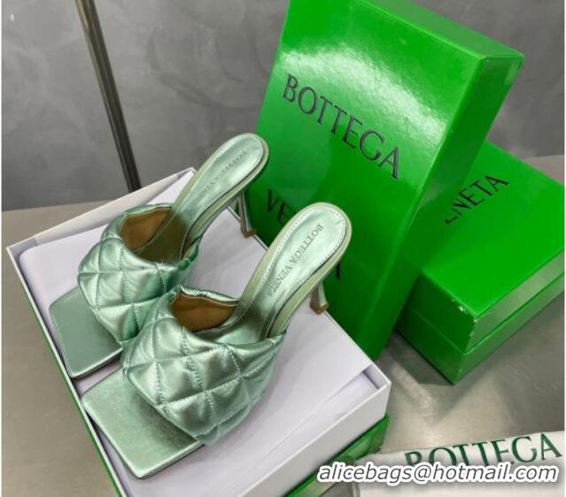 Best Price Bottega Veneta Padded Quilted Metallic Leather High Heel Slide Sandals 9cm Pale Green 020726