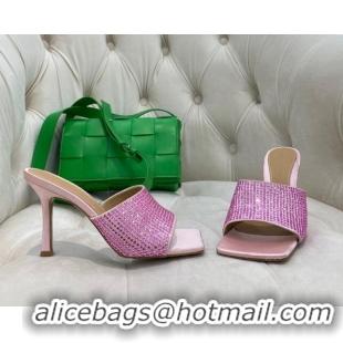 Charming Bottega Veneta Lido High Heel Slide Sandals in Silk and Crystals 9cm Pink 032012