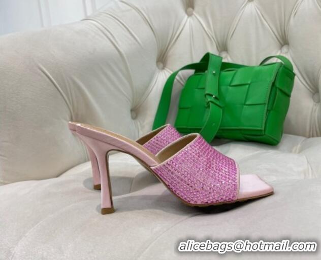 Charming Bottega Veneta Lido High Heel Slide Sandals in Silk and Crystals 9cm Pink 032012