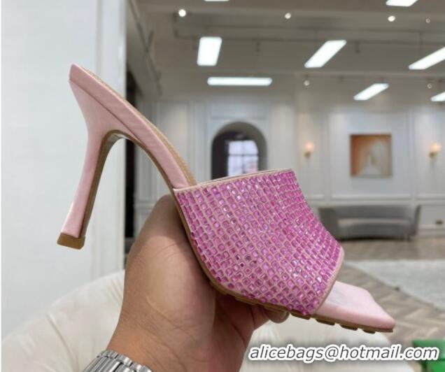 Charming Bottega Veneta Lido High Heel Slide Sandals in Silk and Crystals 9cm Pink 032012