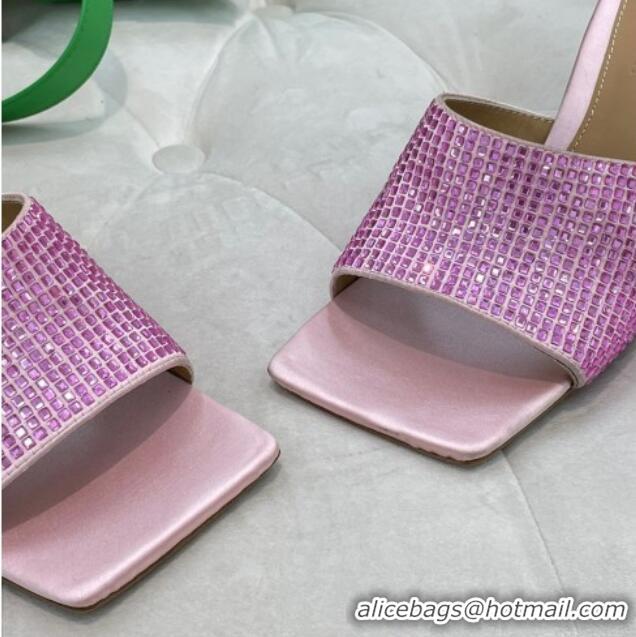 Charming Bottega Veneta Lido High Heel Slide Sandals in Silk and Crystals 9cm Pink 032012