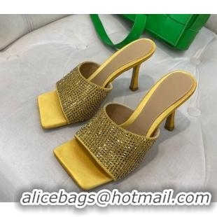 Buy Luxury Bottega Veneta Lido High Heel Slide Sandals in Silk and Crystals 9cm Yellow 032014